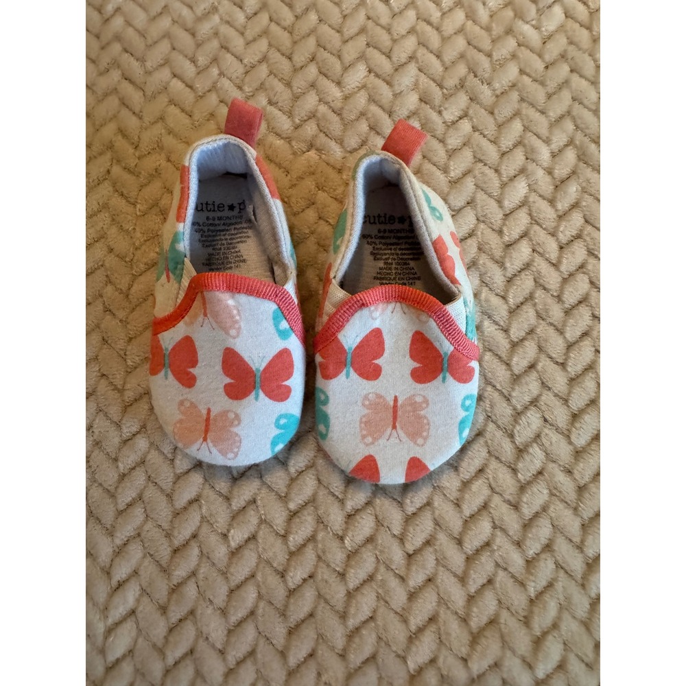 Cutie Pie Baby Butterfly Print Soft Sole Crib Shoes Coral Teal 6-9 Months